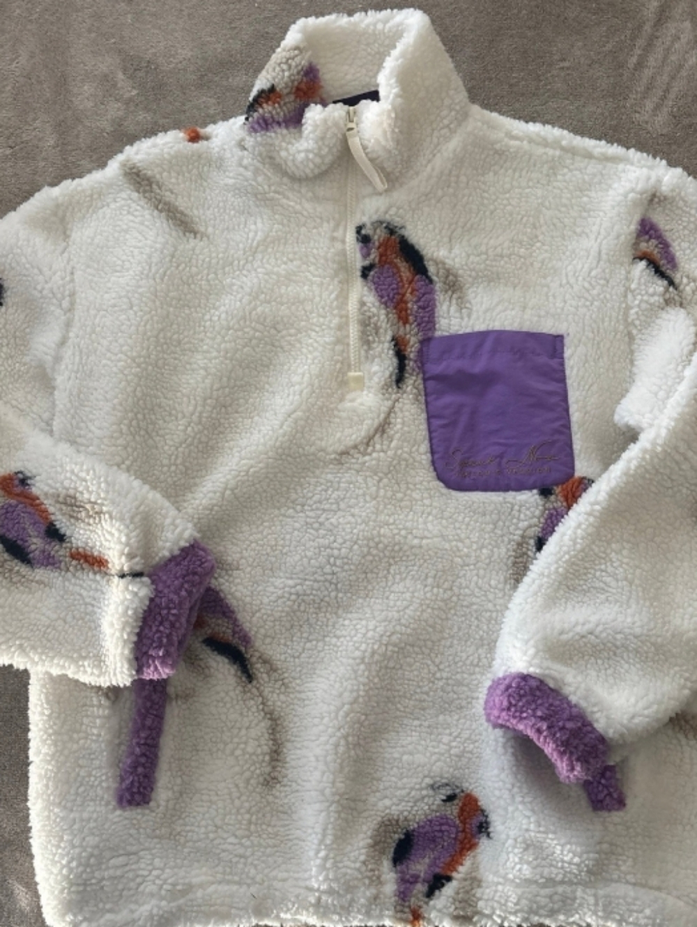 Cozy White Sherpa Pullover with Purple Pocket and Trim